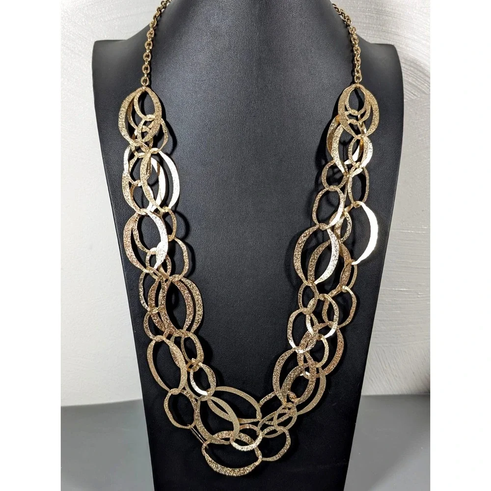 Gold Tone Textured Oval Chain Link Multi Strand Statement Necklace Lightweight 2